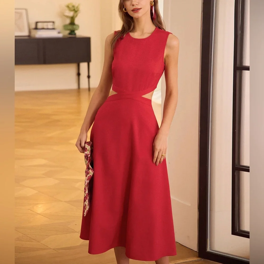 Rihoas Red Round Neck Cut-Out Midi Dress - Picture 3 of 7